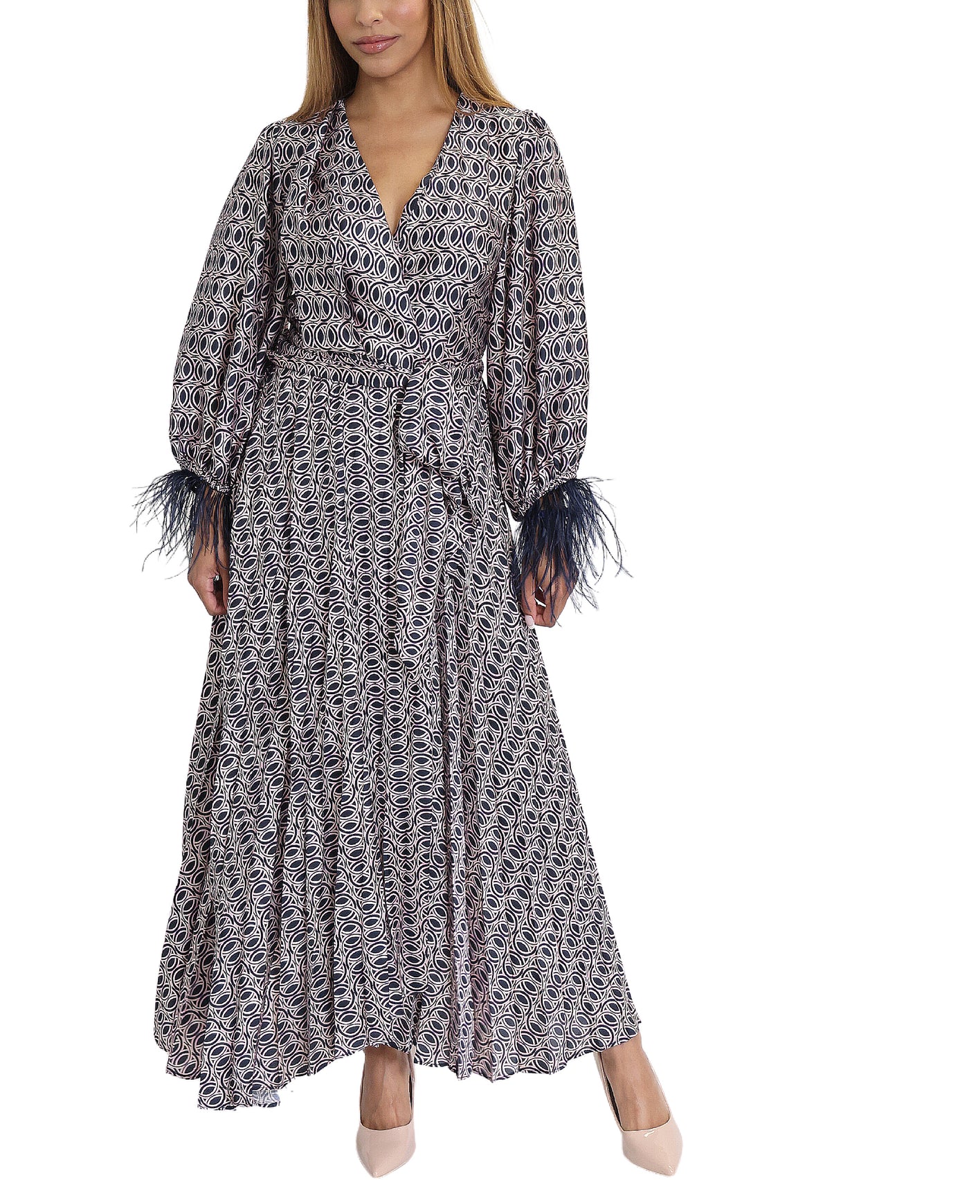 Abstract Print Dress w/ Feather Trim image 1