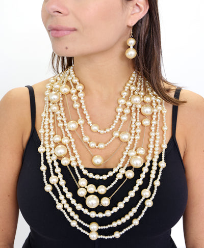 Multi Strand Faux Pearl Necklace & Earring Set image 1