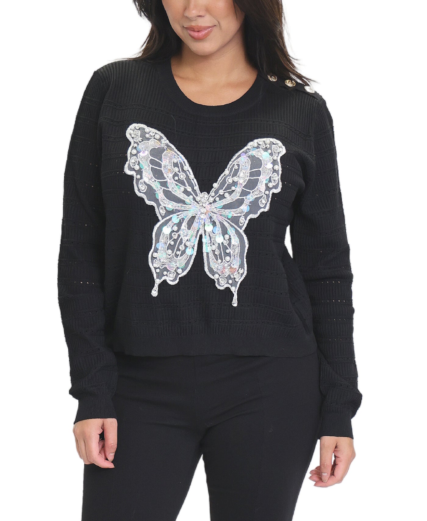 Pointelle Knit Top w/ Sequin Butterfly image 1