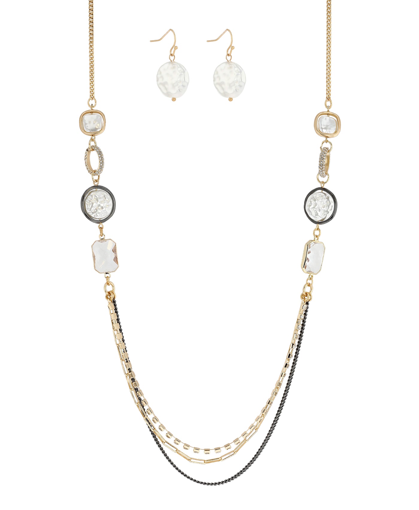 Long Multi-Chain & Pearl Necklace & Earrings Set image 1