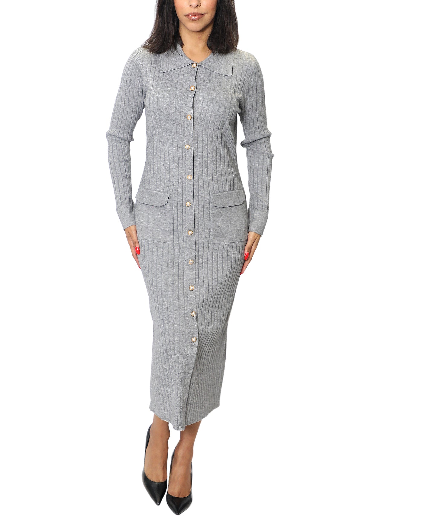 Ribbed Knit Dress w/ Pearl Button Detail image 1