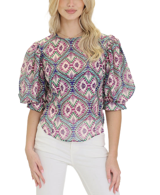 Abstract Print Puff Sleeve Top view 1