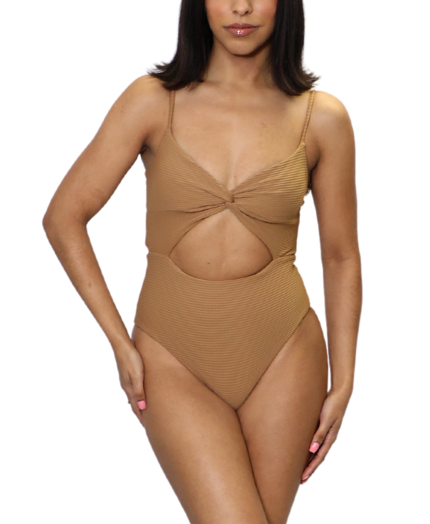 Solid Ribbed Cut Out One Piece Swimsuit image 1