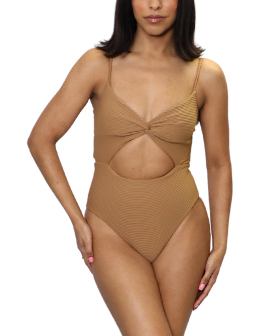 Solid Ribbed Cut Out One Piece Swimsuit view 1