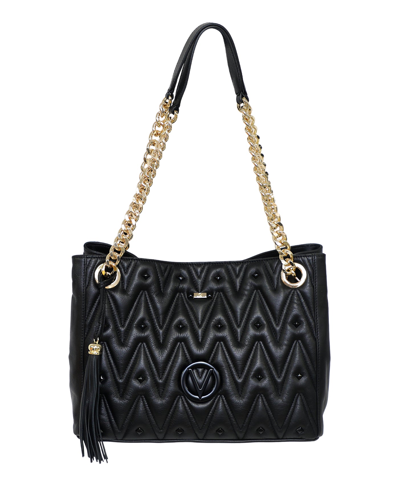 Zig Zag Leather Tote Bag w/ Logo & Diamond Studs image 1