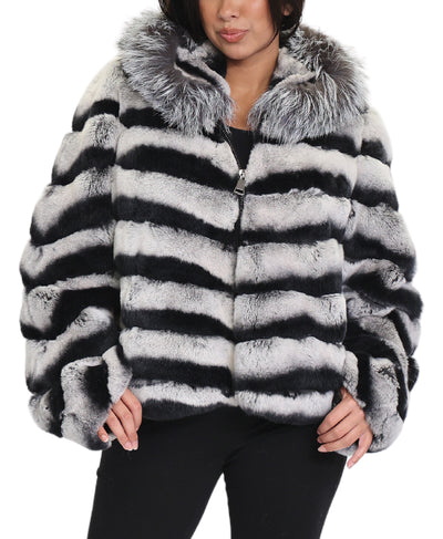 Two Tone Stripe Fur Jacket w/ Hood image 1