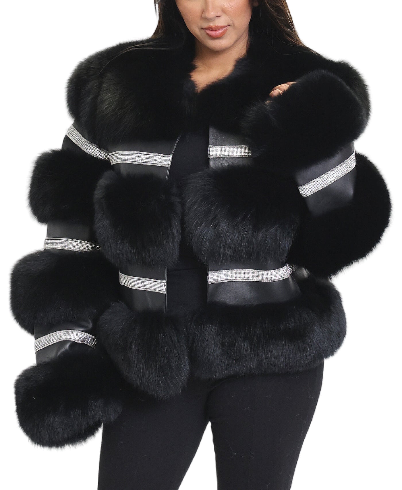 Leather Fur Jacket w/ Rhinestone Trim image 1