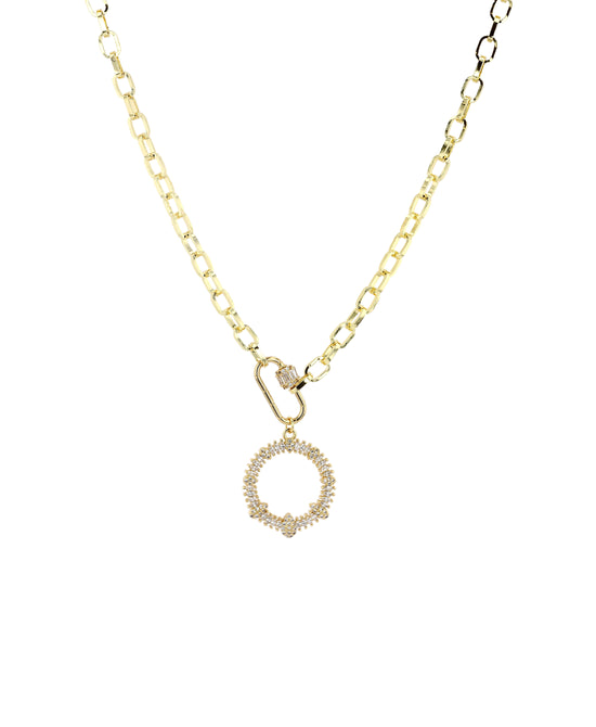 Chain Necklace w/ CZ Carabiner & Circle Pendant view 1